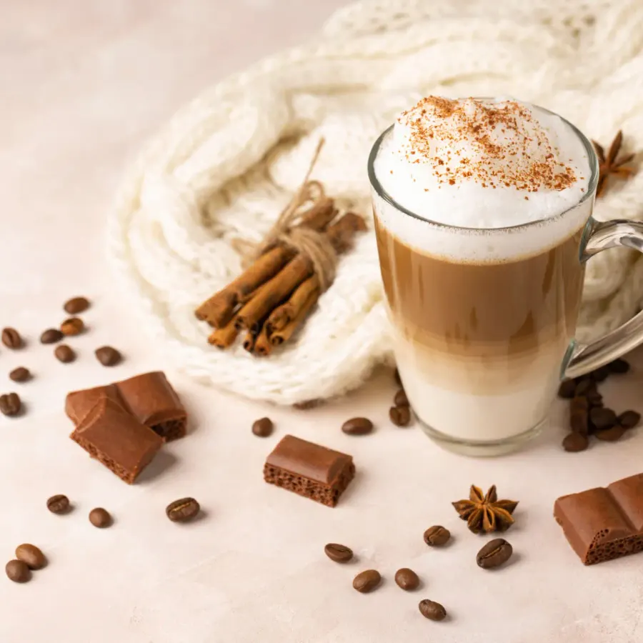 A spiced cinnamon latte with a soft dusting over the foam