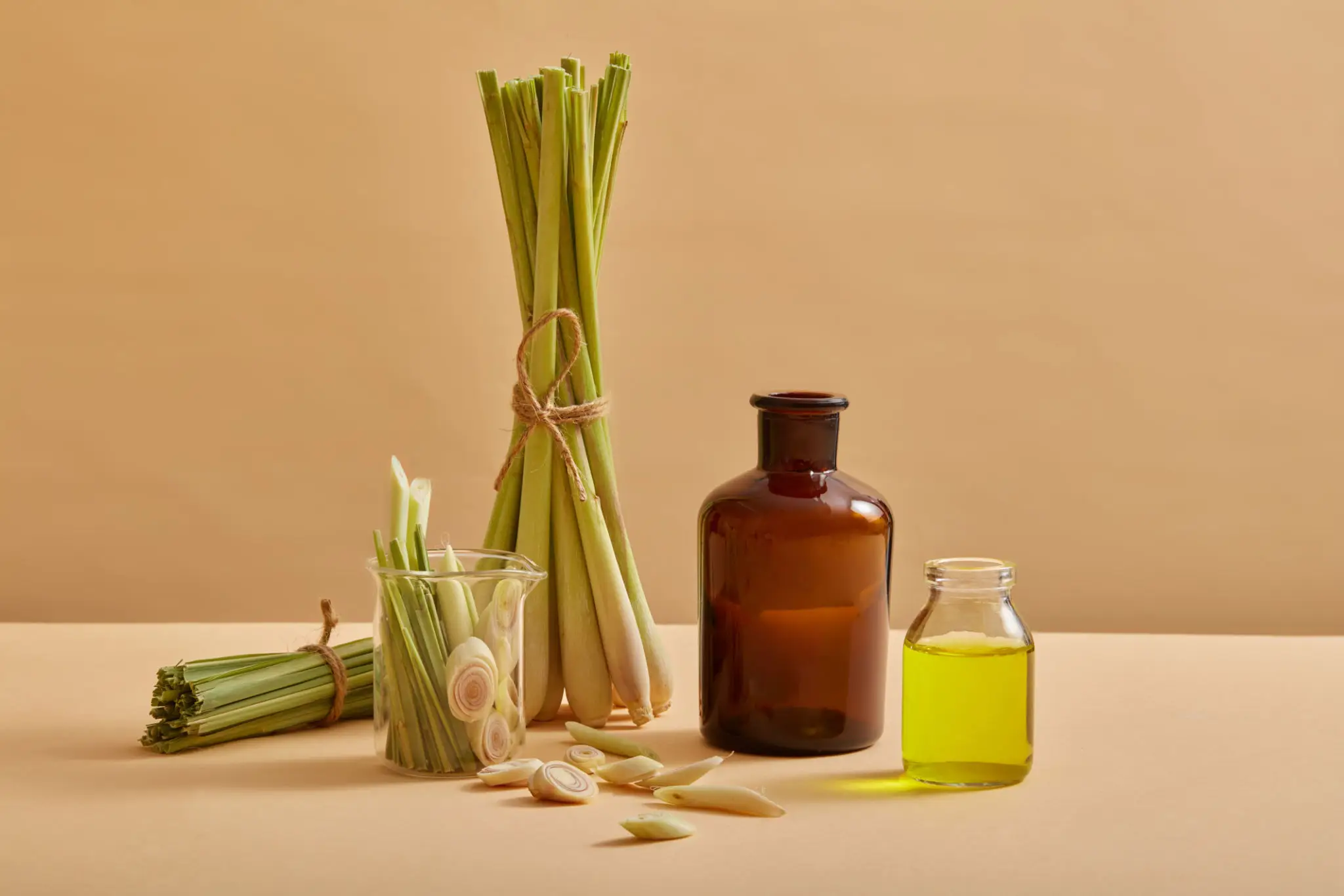 A bottle of pure lemongrass essential oil beside fresh green lemongrass stalks