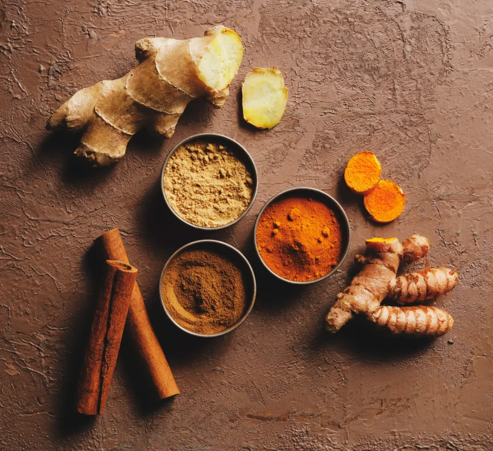 Fresh ginger and turmeric root with small bowls of ground spice and a cinnamon quill