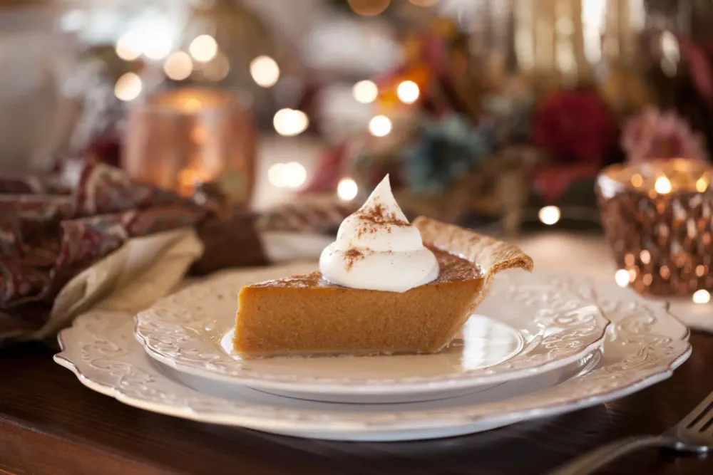 A slice of pumpkin pie topped with cream and a dusting of cinnamon