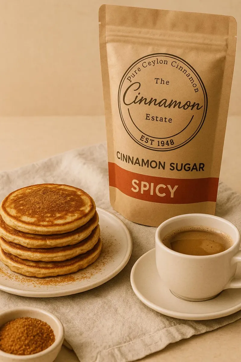 A kraft pouch of The Cinnamon Estate cinnamon sugar in the Spicy blend, beside a stack of pancakes dusted with cinnamon sugar, a small bowl of the sugar and a cup of coffee.